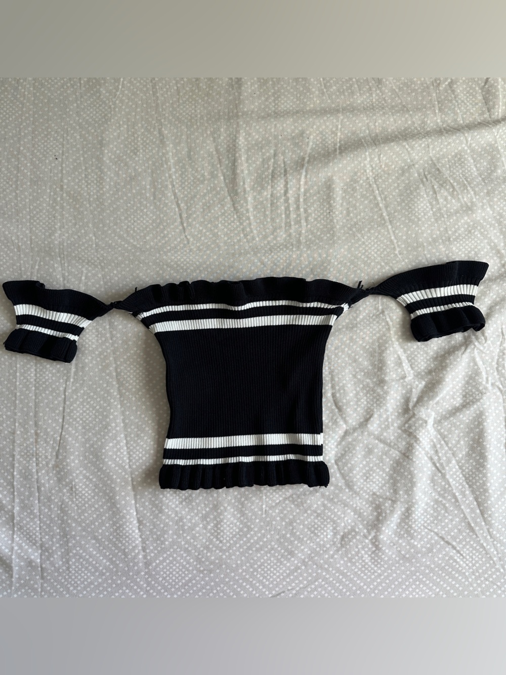 SEEK THE LABEL Ruffle Off Shoulder Ribbed Crop Knit Top